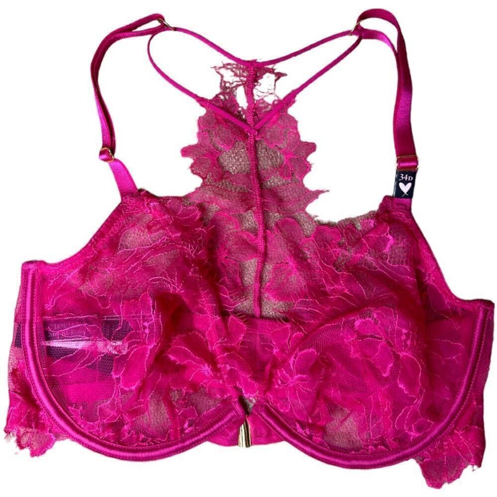Victoria Secret Fuschia Lace Racerback Bra Women's Size 34D NWT
